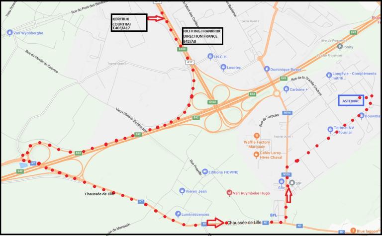 Wegenwerken: kaart omleiding ifv vestiging Doornik (Froyennes) - ALUMAC & ASTEMAC